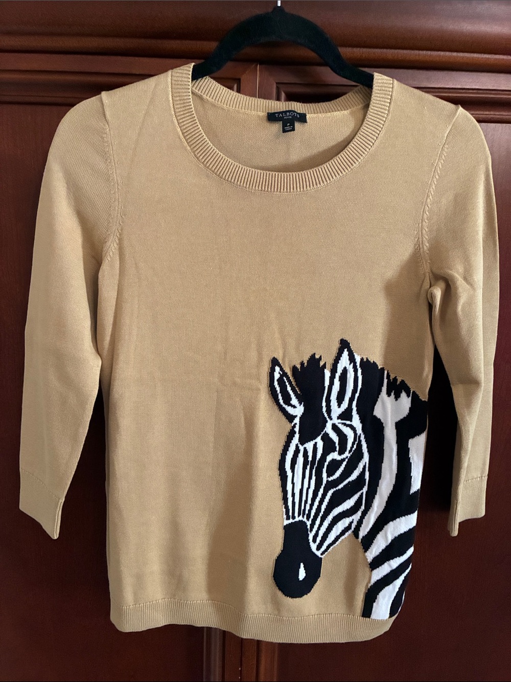 Talbots Camel Crewneck Sweater with Black & White Zebra Motif